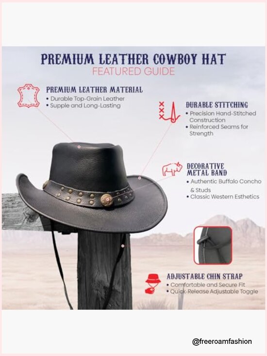 Genuine Cowhide Leather Cowboy Hat - Unisex Western Outback, Size L 58-59 cm main image 4
